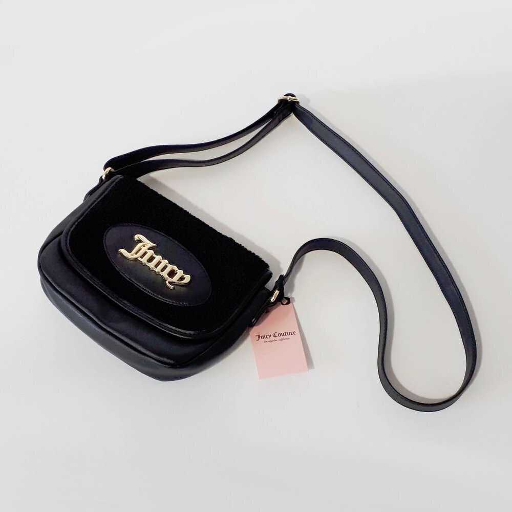 NWT Juicy Couture black faux leather & faux shearling satchel bag
